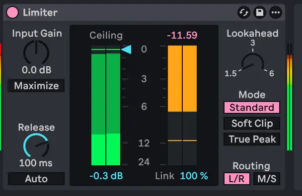 Limiter showing heavy gain reduction